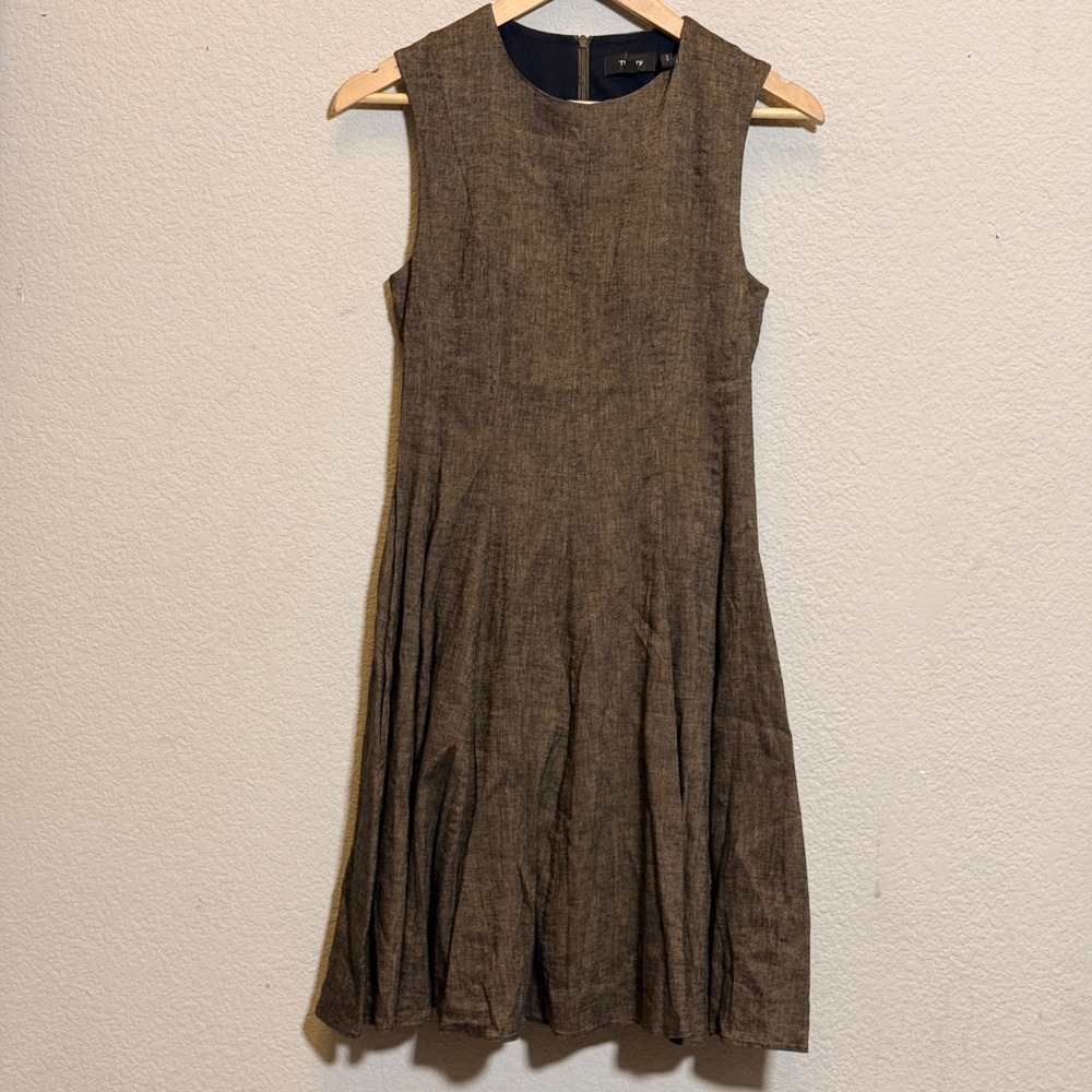 Theory Ramie Pleated Midi Dress Womens P Brown Sleeveless Fit Flare Lined